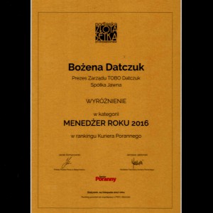 Wyróżnienie Menedzer Roku 2016, Podlaska Złota Setka Przedsiębiorstw