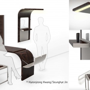 Wystarczy jeden ruch ręki i element ścienny staje się sto-łem. Projekt: Hyeonjeong Hwang, Seunghye Jin. Fot. Hettich/Rehau